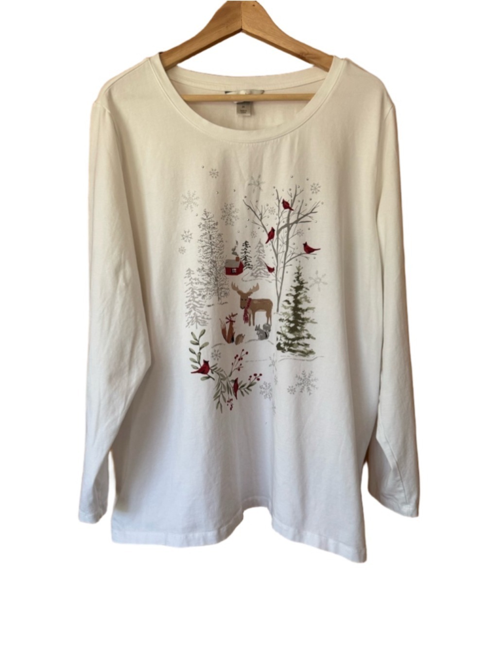 CJ Banks Embellished Winter Holiday Print White Long Sleeve Tee size 2X